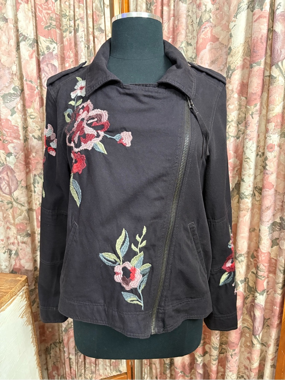 Kensie Black Utility Jacket with Pink & Red Floral Embroidery